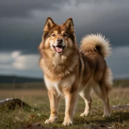excited brown and tan domino finnish lapphund, 35mm photograph