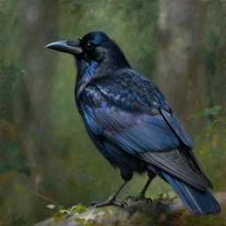 oil painting by anders zorn, closeup crow in forest, very very very very beautiful art, dramatic light, strong shadows, shiny blue black feathers