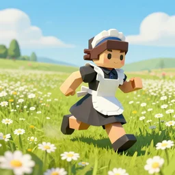 ( ( low poly ) ) ( ( playstation ) ) running ( ( anthropomorphic ) ) ( ( lurantis ) ) ( [ maid ] ) wearing a hat ( standing ) in a ( ( field ) of daisies ), mount coronet in the distance illustration by ruan jia on artstation
