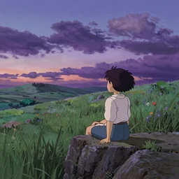 a girl sitting in a field on a cliff watching a purple sunset, wide shot, art by hayao miyazaki, studio ghibli film, hi res