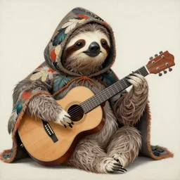 realistic bipedal sloth, long airy fur, playing a guitar, hoodie cloak based on rooster feathers, painting style by archibald thorburn, noriyoshi ohrai, stylized, ornately detailed, chromatic aberration