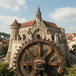 medieval city standing on a giant gear