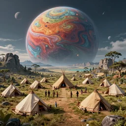 a beautiful hyperrealistic detailed digital render of an indigenous camp on a strange and colorful planet by rembrandt, by michaelangelo, by alex heywood, pristine, intricate, multiple wide angles, trending on artstation, volumetric lighting, micro details, hdr, 8 k