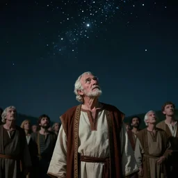 wide shot of 80 year old man in Biblical clothing looking up at a multitude stars, hopeful, wistful, sentimental, cinematic lighting