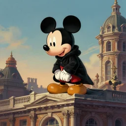 a beautiful illustration of mickey mouse with hood and black coat kneeling on top of a building in victorian london, by greg rutkowski, featured on artstation