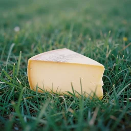 a cheese block in a field of grass, film photography, soft lighting, nostalgia, 8 mm