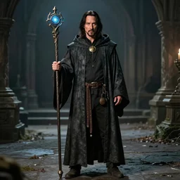 a full body photograph of keanu reeves dressed as a medieval fantasy wizard holding a magical staff