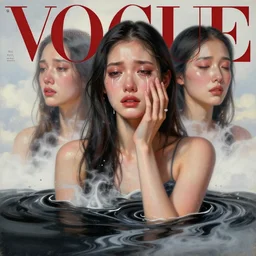 3 d, crying fashion model, milk, liquid black water, morning, vogue cover style, poster art, high detail, intricate oil painting, multiple exposure, heaven mood, hyperrealism, 3 d, by tooth wu and wlop and beeple and greg rutkowski