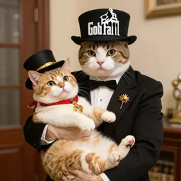 a cat in a godfather costume holding a cat in a marlon brando costume