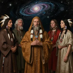 matte symmetrical portrait of a wizard of the arikara tribe revealing the ancient secret of how life entered the cosmos, noble bearing. by hieronymus bosch, cyril rolando, esher and natalie shau, whimsical, profound, impossible. trending on devaintart.