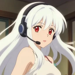 anime film still portrait of a japanese young woman, large, red eyes!!!!, long, white hair!!!!, wearing a headset in her room interior, detailed facial features, dynamic pose, cute face by ilya kuvshinov, makoto shinkai studio ghibli, anime poster, rimlight, 4 k
