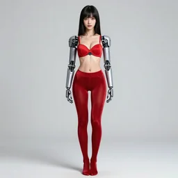 girl wearing robotic suit, in red velvet stockings, red bra, full length, very anime, fine - face, audrey plaza, realistic shaded perfect face, fine details. anime. realistic shaded lighting poster by ilya kuvshinov katsuhiro otomo ghost - in - the - shell, magali villeneuve, artgerm, jeremy lipkin and michael
