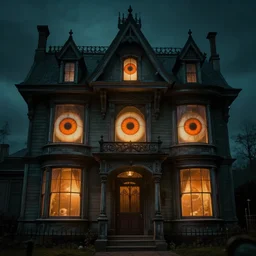 A Victorian House with big orange eyeballs staring out from the windows, Lovecraftian, 4k, masterpiece, cinematic, glowing, by Greg Rutkowski, Trending on Artstation, Behance. Polished. Eldritch