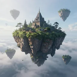 a floating islands like avatar movie floating through the sky flying, foggy sky, around photorealism, unreal engine, 8 k, volumetric lighting, beeple style
