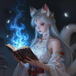 gorgeous!!! hyper - realstic kitsune sorceress, holding a tattered magical book, casting a flame spell, blue flames, surrounded by tiny spirits | drawn by wlop, drawn by jeehyung lee, drawn by artgerm | fantasy, dark, intricate, highly detailed, digital painting, character design, concept art, illustration, artstation