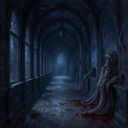 gothic mansion long corridor with darkness at end, wooden floor, blood, darkness, evil, creepy, science, 1 9 century, hard atmosphere, lovercraft, insmouth, tentacles, artwork, paint, blue tones, detailed, by bastien lecouffe deharme, by jeremy mann, by alexander fedosav