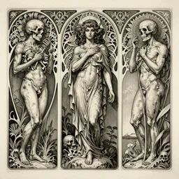 detailed realistic memento mori etching by cameron gray and aubrey beardsley, gothic ornament, skulls, bones, art nouveau, neogothic, ornate art nouveau botanicals, horizontal symmetry