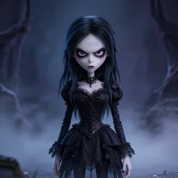 photorealistic full shot portrait of cute angry darkness anime girl, gothic clothing, worrying eyes, inspired by Tim Burton, detailed, unreal engine 4k volumetric light, fog,