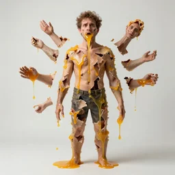 a perfect colour photograph of a deconstructed concept of a man, riddled with doubt, overcome by fear, but ultimately free and filled with custard leaking from every pore in his distributed bodies.
