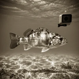 a fish, underwater photography, gopro shot, dystopia, sepia, vignette, film grain