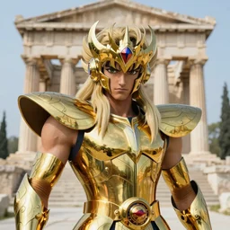 a live action menacing, medium close - up, studio studio photographic portrait of the gold saint of geminis from saint seiya : knights of the zodiac, wearing gold armor, gemini gold cloth, in the background is the old temple of athena ( greece ), photoshopped, octane render, hyperrealistic, ultra detailed, symmetrical, 8 k, arnold render