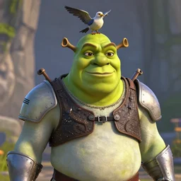 Shrek wearing futuristic armor, with a bird on top of his head.. ultra-detailed, 8k, octane render
