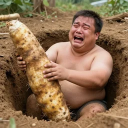 a dramatic photo of a fat man who has dug a large hole and discovered the worlds largest yam. he is crying tears of joy.