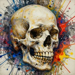 a splattered action painting by jackson pollock showing a skull, ultradetailed, fine art painting, peter mohrbacher, moebius, skull carving, frottage, watercolor, acrylic, multilayered paint, spectacular splatter explosion, psychedelic art