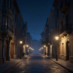 street in night by atmospherice light and building left an right, 3 d render