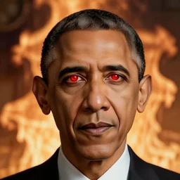 Obama eyes are red flashlight glowing eyes, hype realistic flames are burning behind Obama, 40nm lens, 4k,