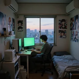 small room in tokyo, window open, dawn, hiccup sitting at computer, green glow on monitor's face, walls covered with anime posters, lots of appliances on shelves, small bed not made, hyper realism, photo realism, hyper details, soft light, soft shadows, blurred photo