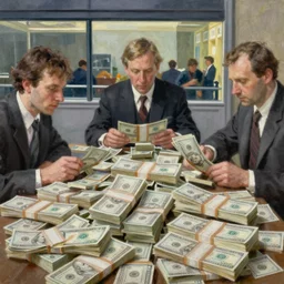 men and many stacks of money, much money, highly detailed oil painting by francis bacon, edward hopper, adrian ghenie, glenn brown, soft light, 4 k, dollar bills