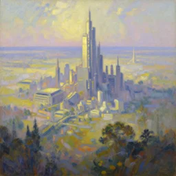 a beautiful oil painting of a futuristic city with impressionist in a serene landscape above with a horizon line in the upper third by john howe and albert bierstadt and alena aenami and dan mumford and dave noton, unreal engine, trending on behance