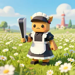 ( ( low poly ) ) playstation running ( ( anthropomorphic ) ) ( ( lurantis ) ) maid wearing a hat standing in a ( field of daisies ), mount coronet in the distance digital illustration by ruan jia on artstation