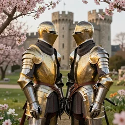 two handsome knights in full body gilded plate armor having a secret rendezvous behind the castle, beautiful vibrant spring flowers and gentle warm afternoon light