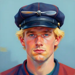 colorful painting of a blond man with a propellor cap, matte painting, trending on art station, ultra - detailed, hq