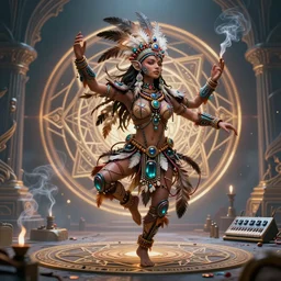 a magical render of a dancing mystical tribal android adorned with feathers and gemstones and cables and synthesizer parts is surrounded by sacred geometry made from elven architecture and incense smoke, full body, perfect face, powerful, cinematic, beautifully lit, by artgerm, by karol bak, by viktoria gavrilenko, 3 d, trending on artstation, octane render, 8 k