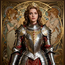 portrait of gorgeous russian woman in armor, dramatic lighting, silver gold red details, filigree, intricate details, cinematic, elegant, octane render, art nouveau, 8k post-processing, intricate art by John Collier and Albert Aublet and Krenz Cushart and Artem Demura and Alphonse Mucha,