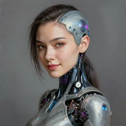 portrait painting of a female japanese cyberpunk android, beautiful, smirk, ultra high detail, unreal render, cinematic lighting, art 1 9 2 0 period drama by bussiere rutkowski andreas rocha