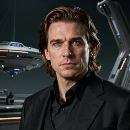 a close-up god like studio photographic portrait of Handsome Jack from the Borderland’s video games, president of the Hyperion Corporation, Helios station in the background, hyper detailed, 8K, photoshopped image,  camera Sigma 85mm f/1.4, by Annie Leibovitz, award-winning portrait, awe-inspiring, intricate, dramatic lighting