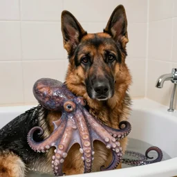 photo of a humanoid german shepherd beast - man in the bath tub looking at the viewer embarrassed because he was caught, there's a real giant octopus hugging his chest, highly detailed, facial accuracy, 4 k