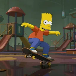 Night City Cyberpunk 2077, (Bart Simpson) skateboarding at a playground, muted cyberpunk style, high energy, desolate, atmospheric, hazy, sweltering, autochrome, 8K, 4K, reflections, octane render, unreal engine 5