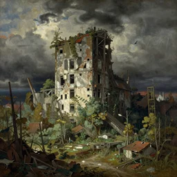 nature is claiming back an abandoned city. painting by ernst haeckel.