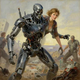 landscape, realistic portrait beautiful painting from scene in terminator robot merged in almost dead fighting movie scene, hyperdetailed retrofuturism created by thomas kinkade and gustave courbet, fine draw, high detailed, fine lighting, smooth draw, no anomaly.