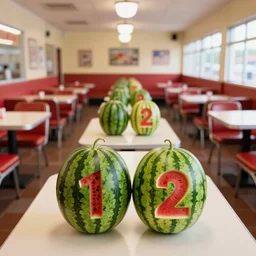 2 0 1 2 watermelon new jersey diner, tables repeat endlessly into the horizon, fruitcore, one point perspective, americana photographer