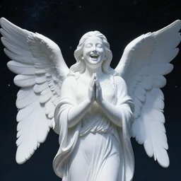 white statue of an angel that has very very long long neck and laughing, praying in outer space