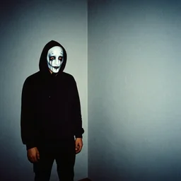 creepy Liminal interior of Sad Satan, masked person in corner, in the style of 35mm flash photography, award winning photograph,