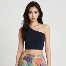 a award winning portrait of a beautiful woman with stunning eyes in a one off shoulder croptop and cargo pants with rainbow colored hair, outlined by whirling illuminated neon lines and fine lines swirling in circles by makoto shinkai, digital art, trending on artstation