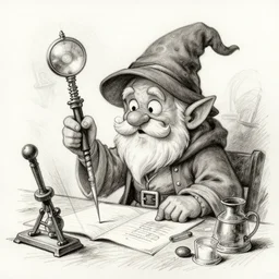 sketch of a funny chibi dnd gnome wizard who is a crazy scientist, etching by louis le breton, 1 8 6 9, 1 2 0 0 dpi scan