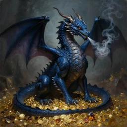 highly detailed painting of a dark blue dragon sitting on a pile of gold and gems, smoke coming through its nostrils, grim atmosphere, scary